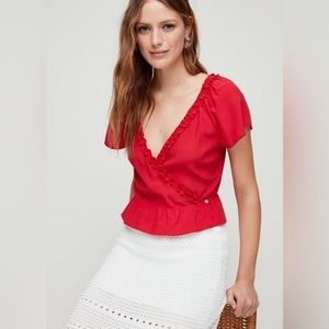 Wilfred Aritzia Aurelia Short Sleeve Ruffled Red Wrap top